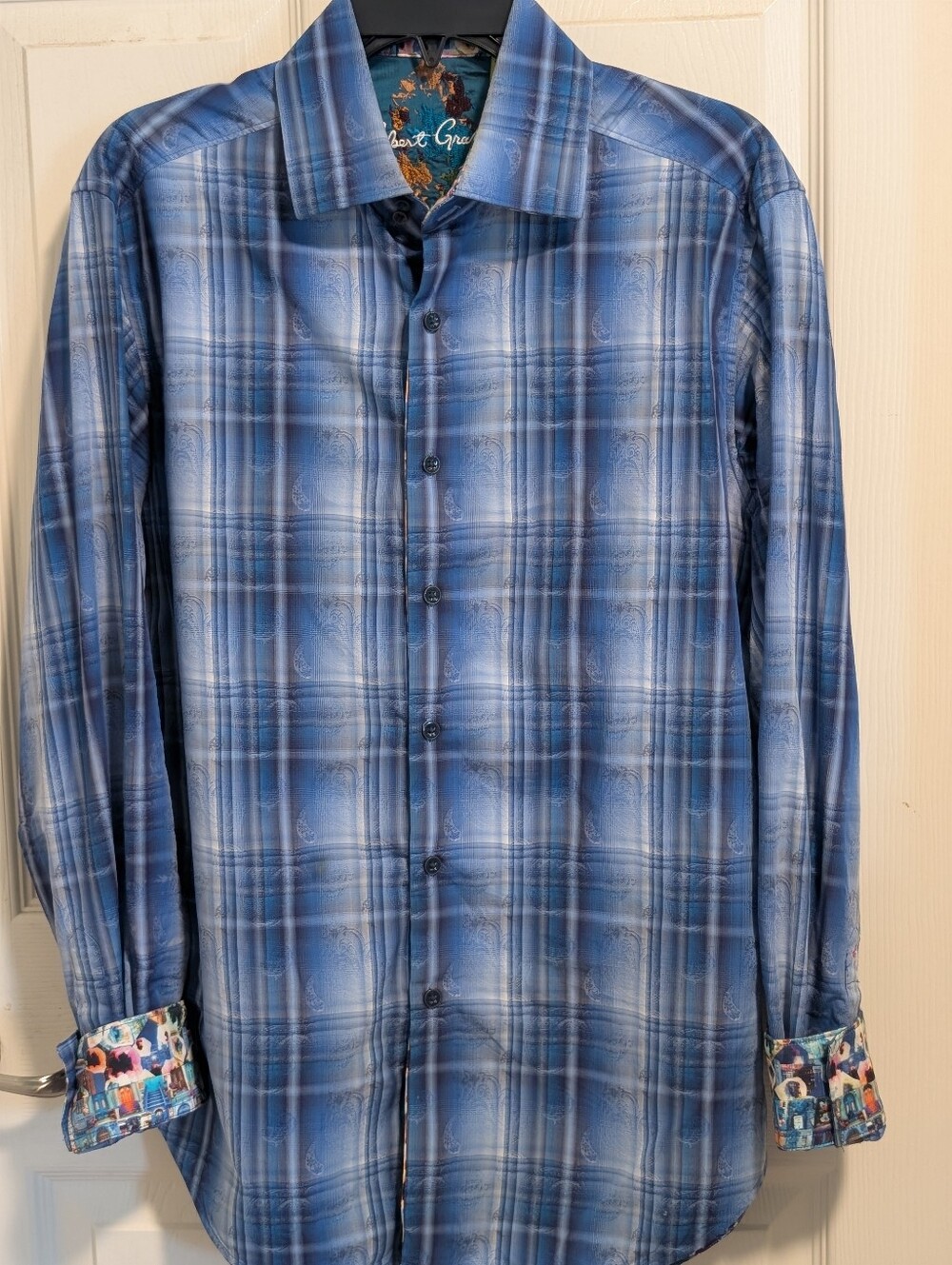Robert Graham Blue Plaid Button-Down Shirt with Printed Cuffs